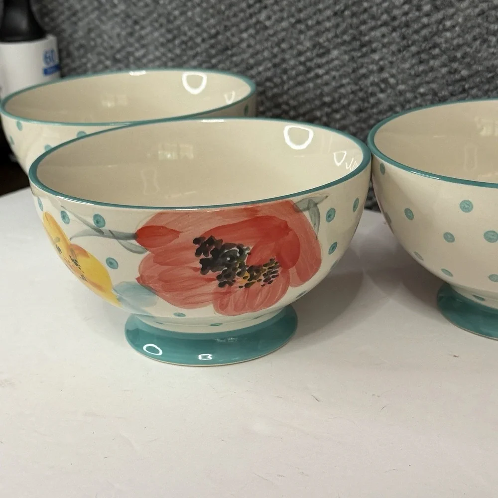 3 Pioneer Woman Bloom Dots Turquoise Footed Bowls 6